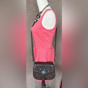 NEW Southwestern Women’s Vegan Brown Turquoise Concho Braided Shoulder Strap Bag